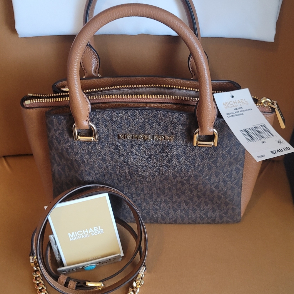 MICHAEL KORS: MAXINE: SIGNATURE CROSS BODY, HAND BAG, PURSE, SATCHEL BROWN/ TAN